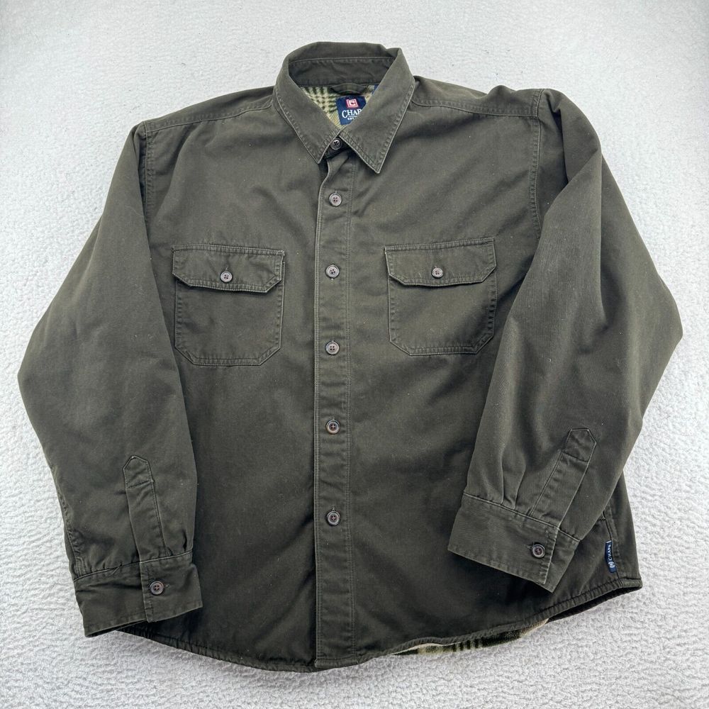 Vintage Chaps Shacket Mens XL Dark Green Flannel Lined Button Up Jacket Workwear